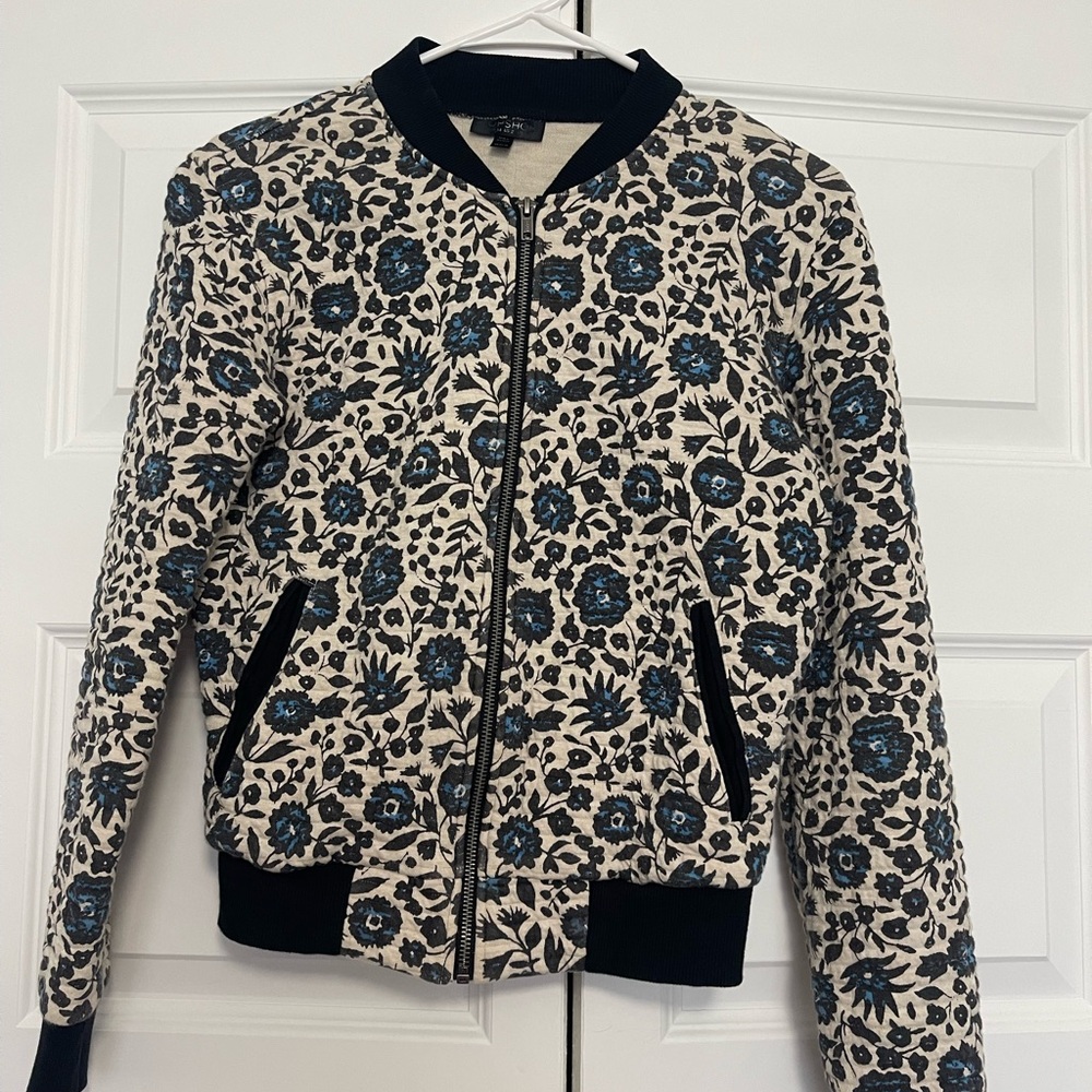 Topshop Blue and Black Floral Bomber Jacket